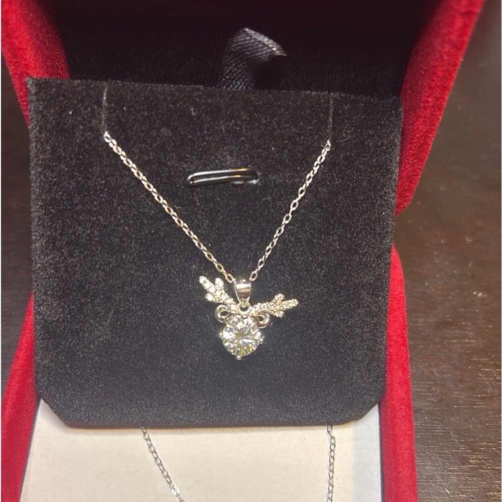 Reindeer necklace, one carat center stone Moissanite 925 sterling silver